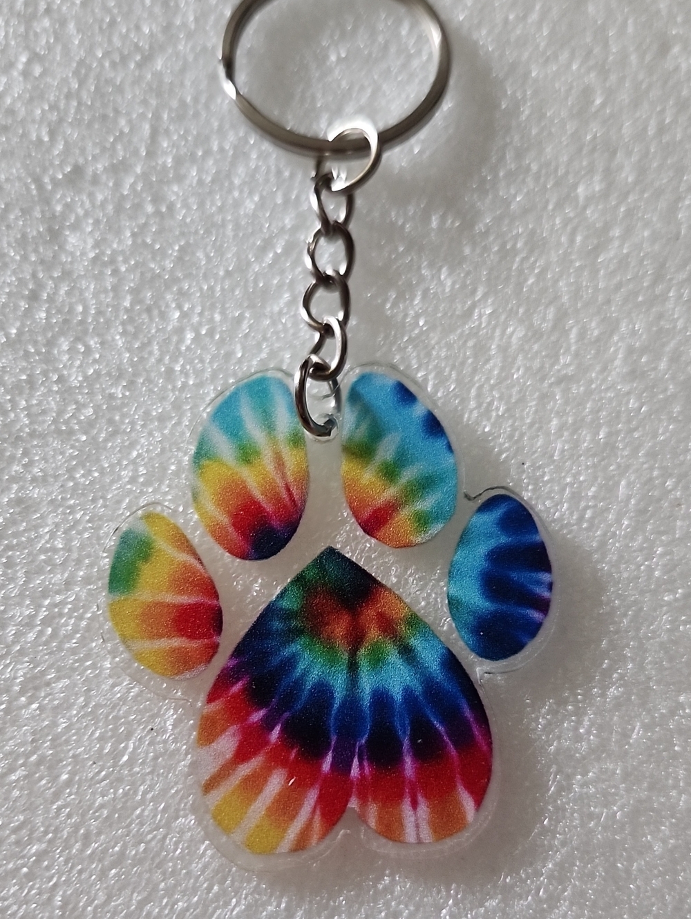 Hand Crafted Rainbow Tie-Dye Paw Print Keychain